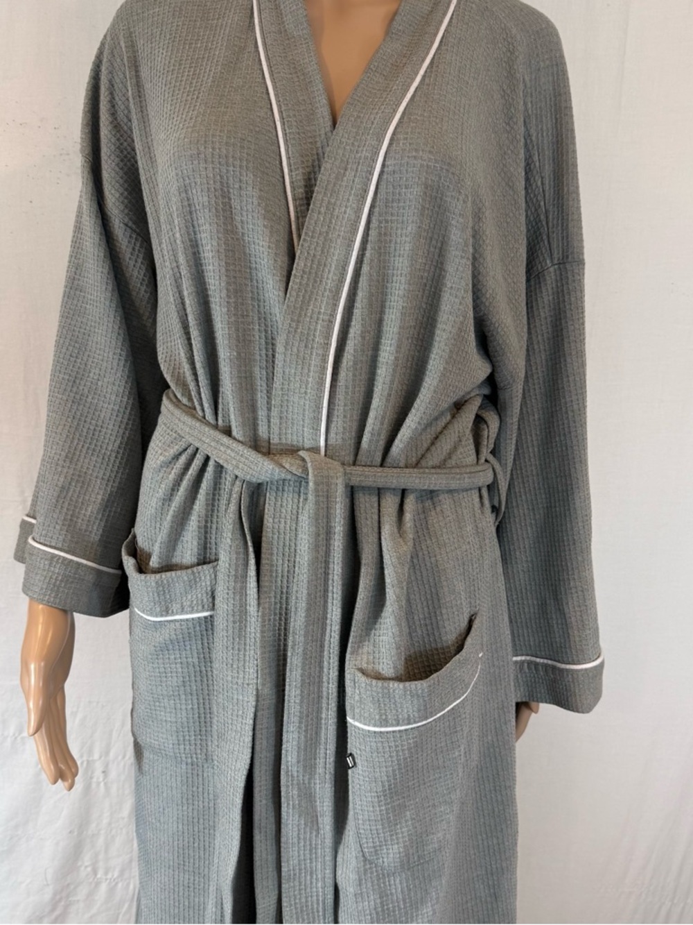 Geoffrey Beene Gray Waffle Knit Robe with White Trim